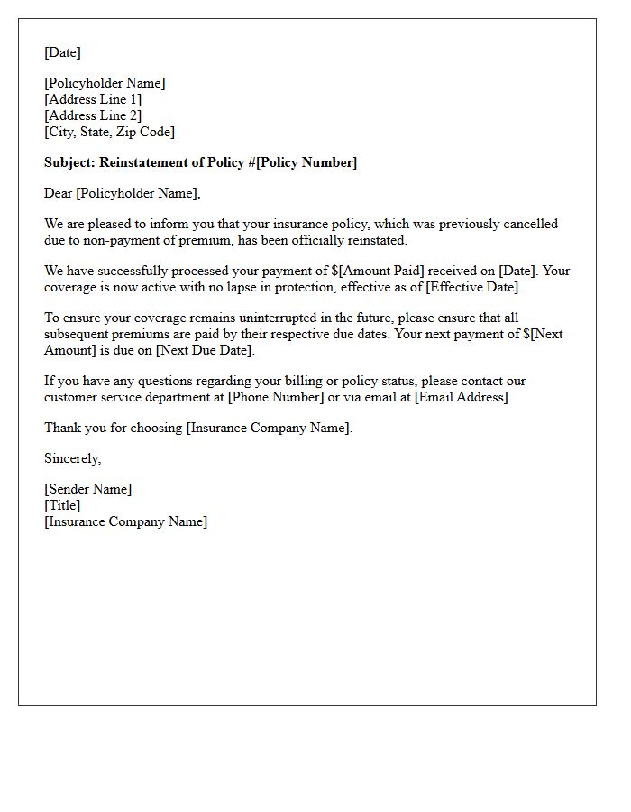 Premium Non-Payment Cancellation Reinstatement Letter