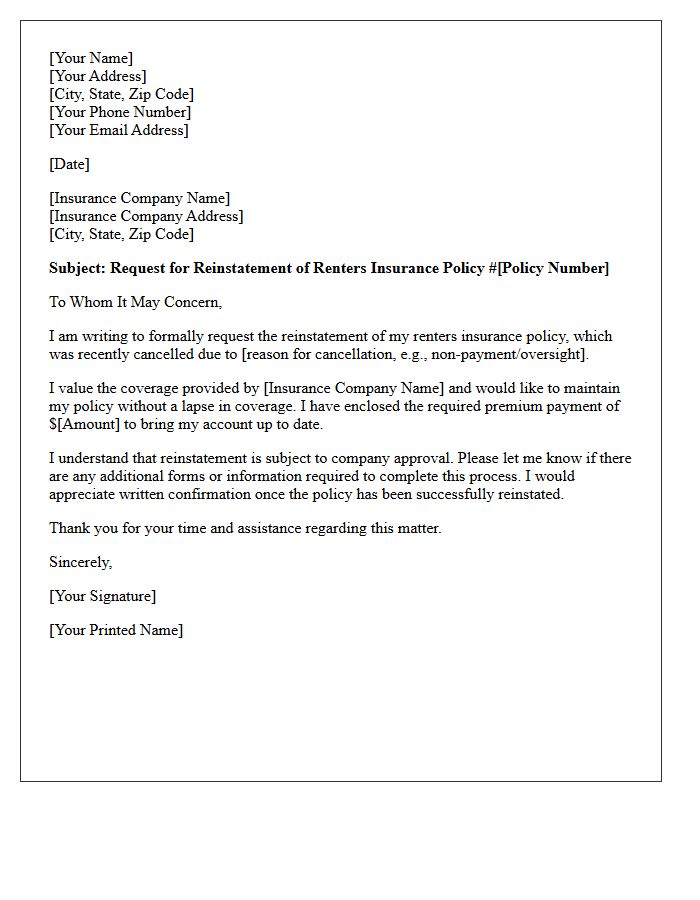 Renters Insurance Post-Cancellation Reinstatement Letter