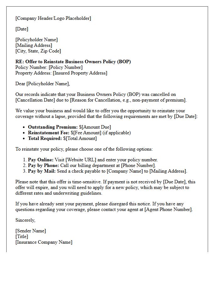 Business Owners Policy Reinstatement Offer Letter