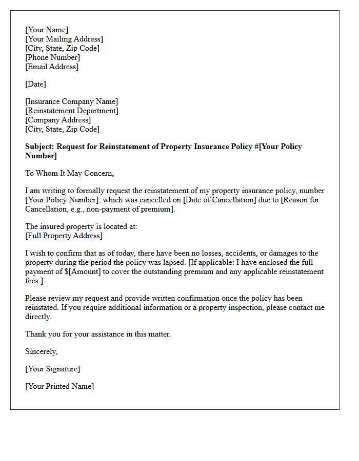 General Property Insurance Reinstatement Letter