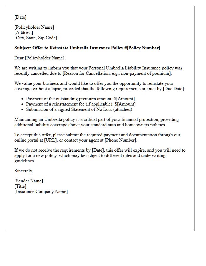 Umbrella Insurance Policy Reinstatement Offer Letter