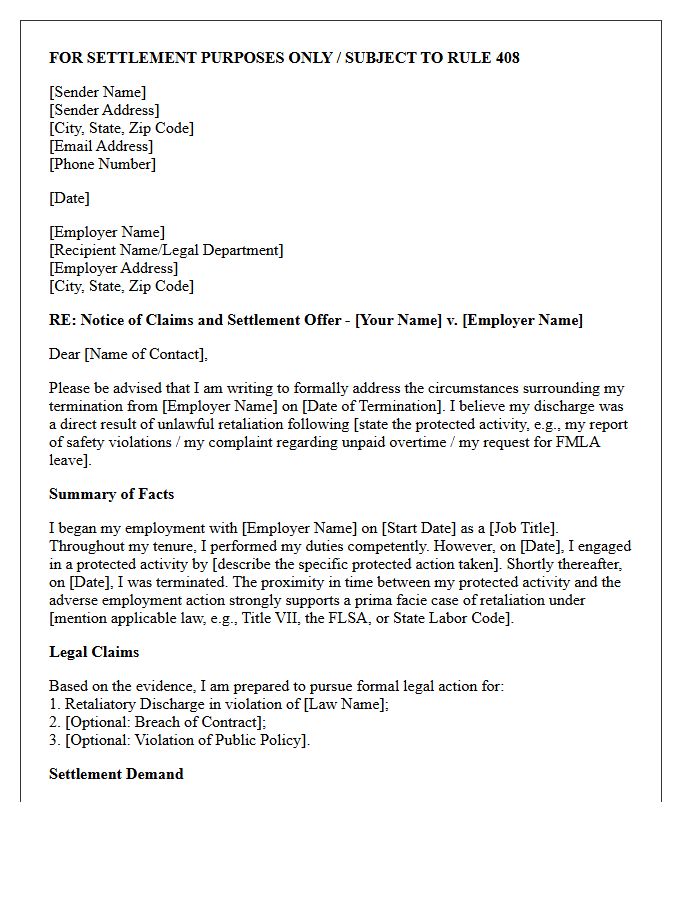 Initial Pre-Litigation Wrongful Termination Retaliation Settlement Offer Letter