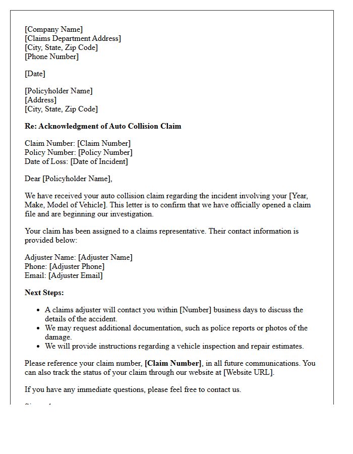 Standard Auto Collision Claim Acknowledgment Letter