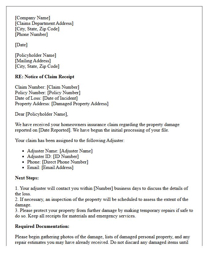 Homeowners Property Damage Claim Initial Processing Letter