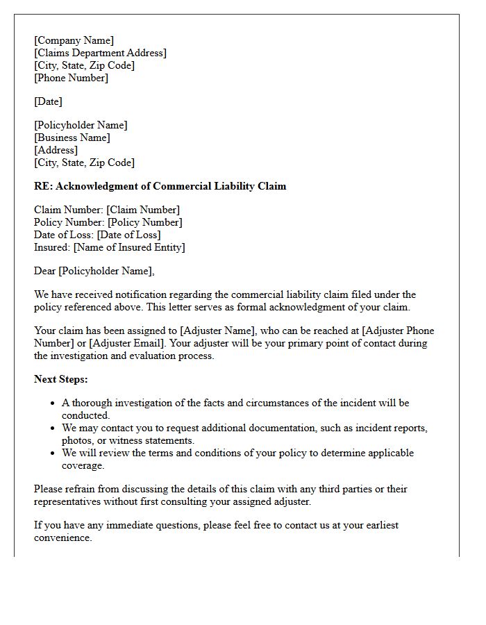 Commercial Liability Claim Acknowledgment Letter
