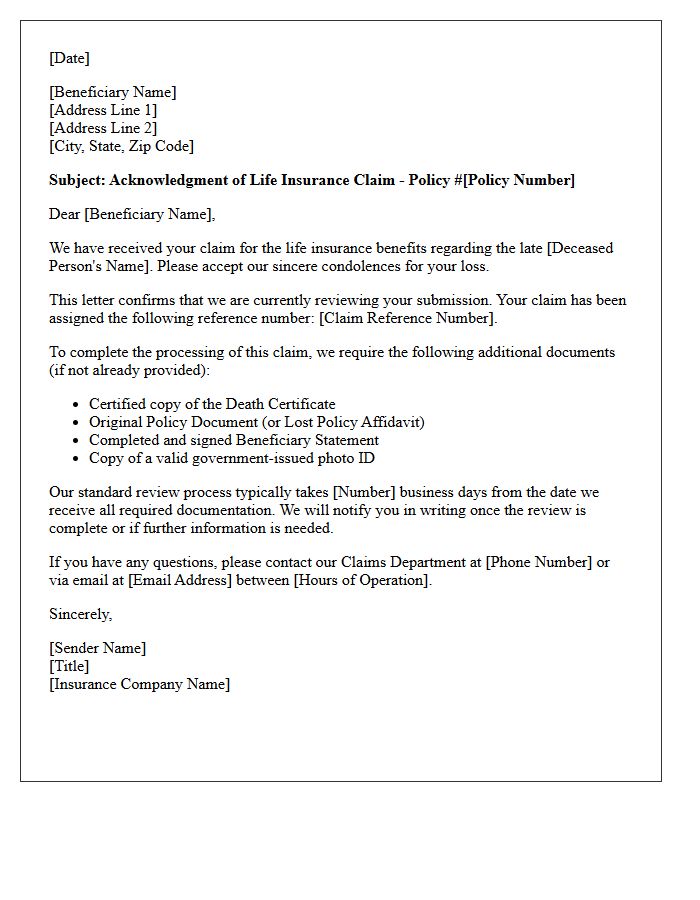 Life Insurance Beneficiary Claim Acknowledgment Letter