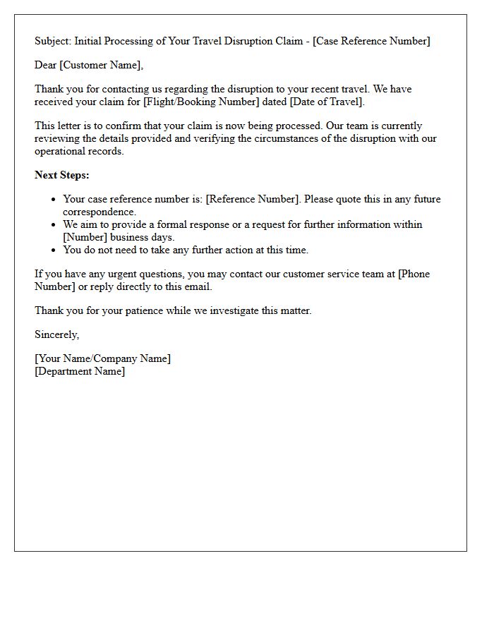 Travel Disruption Claim Initial Processing Letter