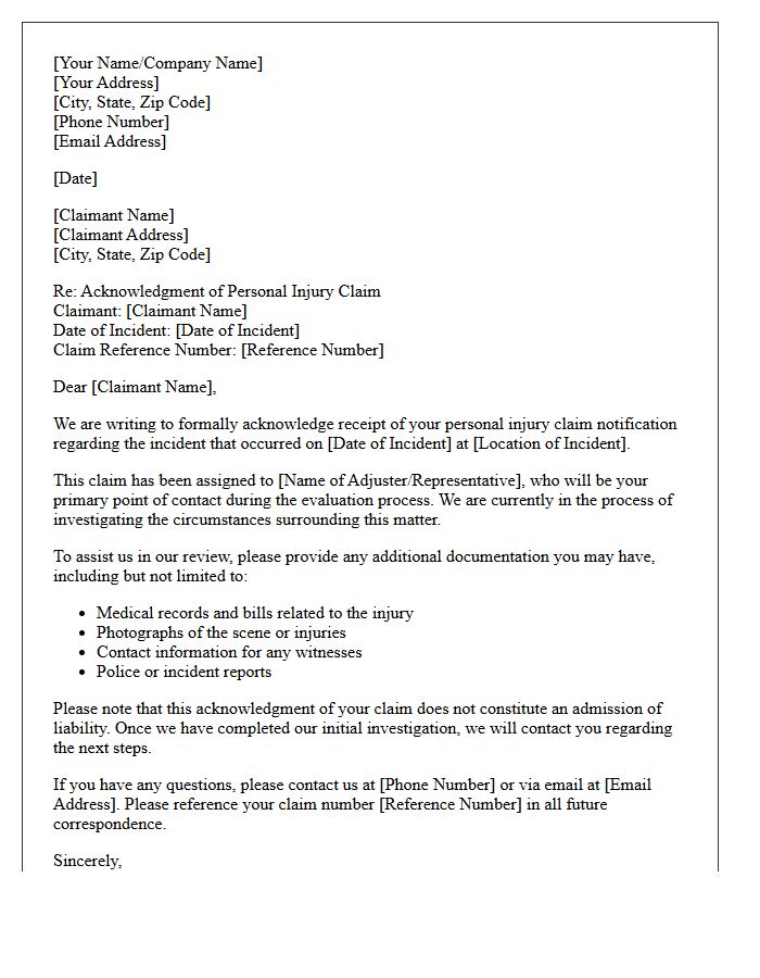 Personal Injury General Claim Acknowledgment Letter