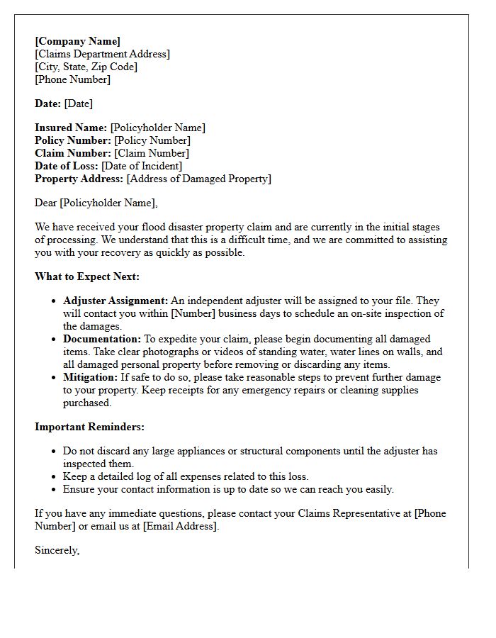 Flood Disaster Property Claim Initial Processing Letter