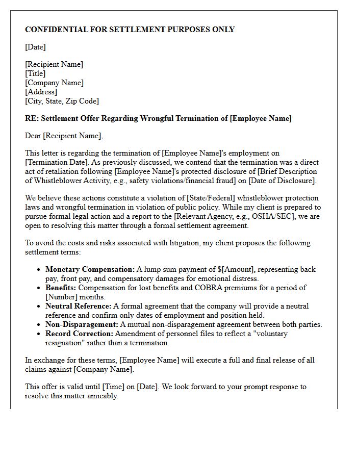 Whistleblower Retaliation Wrongful Termination Settlement Offer Letter