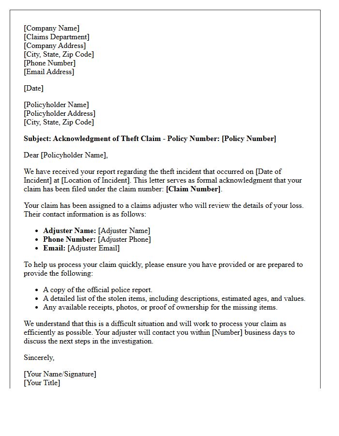 Renters Theft Incident Claim Acknowledgment Letter