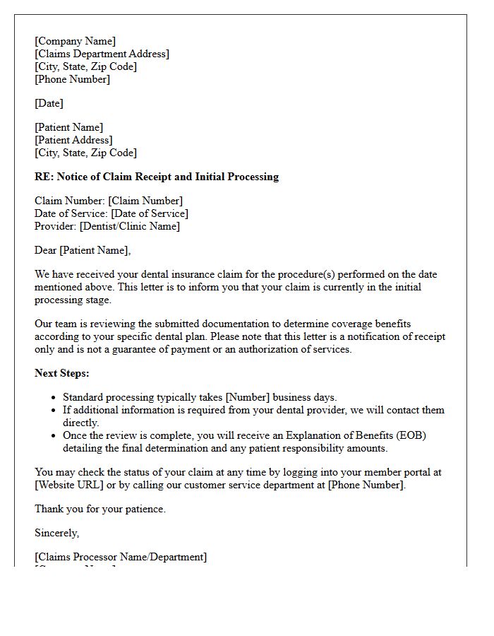 Dental Procedure Claim Initial Processing Letter