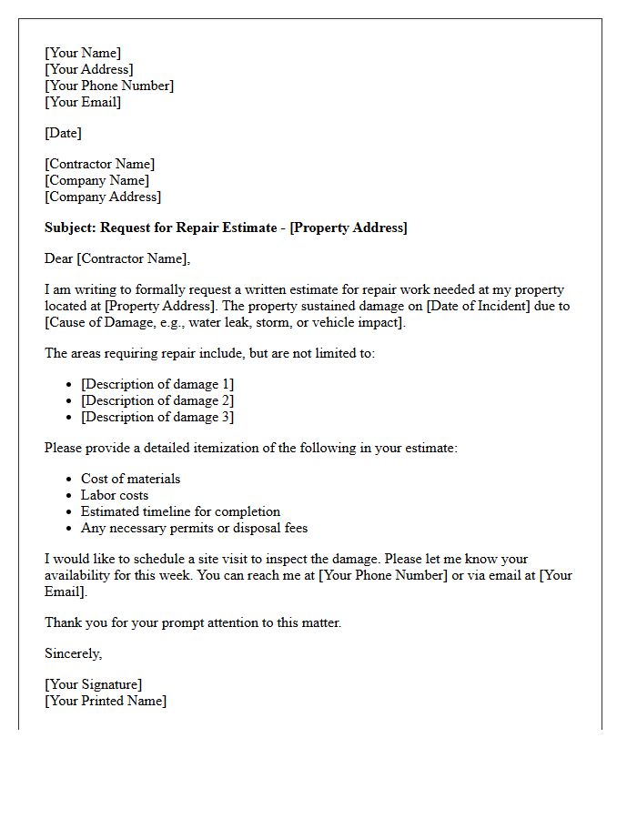 Property Damage Repair Estimate Request Letter
