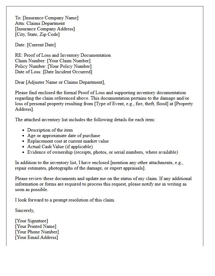 Proof of Loss and Inventory Documentation Letter