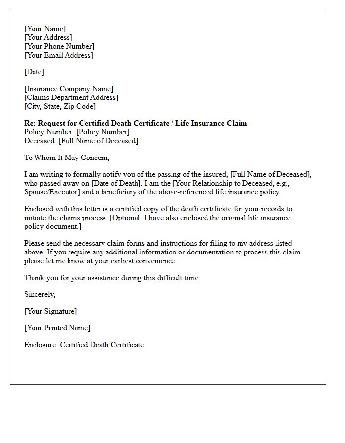 Life Insurance Death Certificate Request Letter