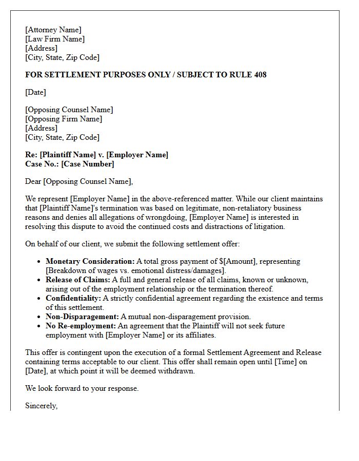 Employer Defense Counsel Wrongful Termination Retaliation Settlement Offer Letter