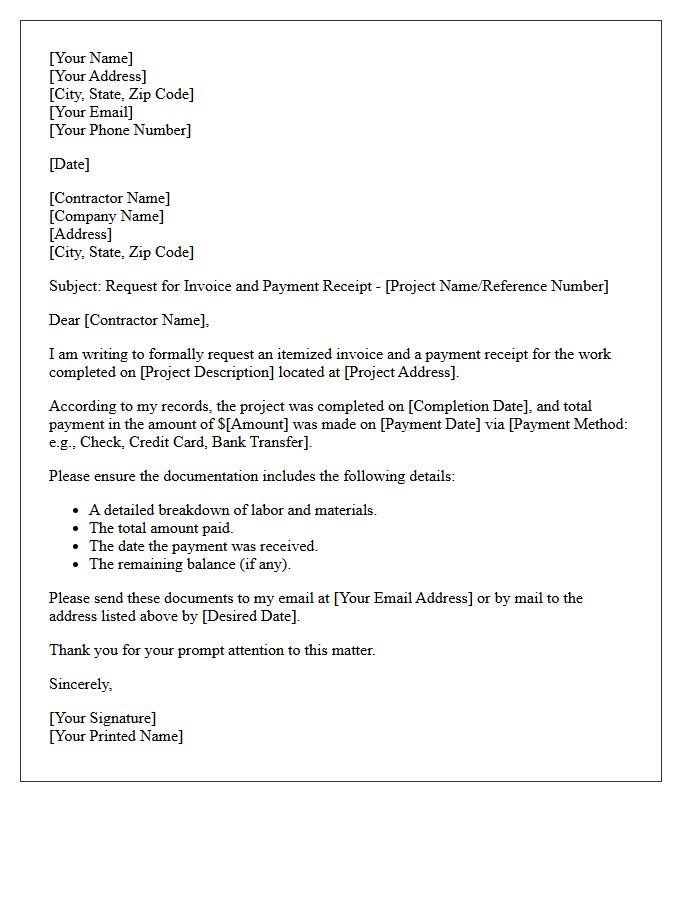 Contractor Invoice and Payment Receipt Request Letter