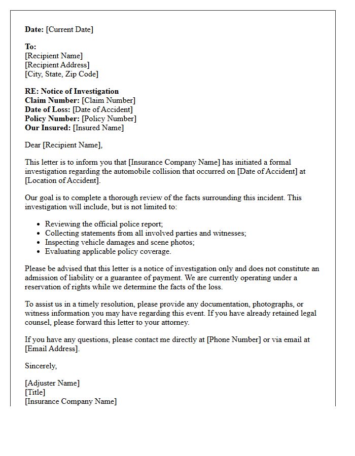 Standard Auto Collision Claim Investigation Initiation Letter