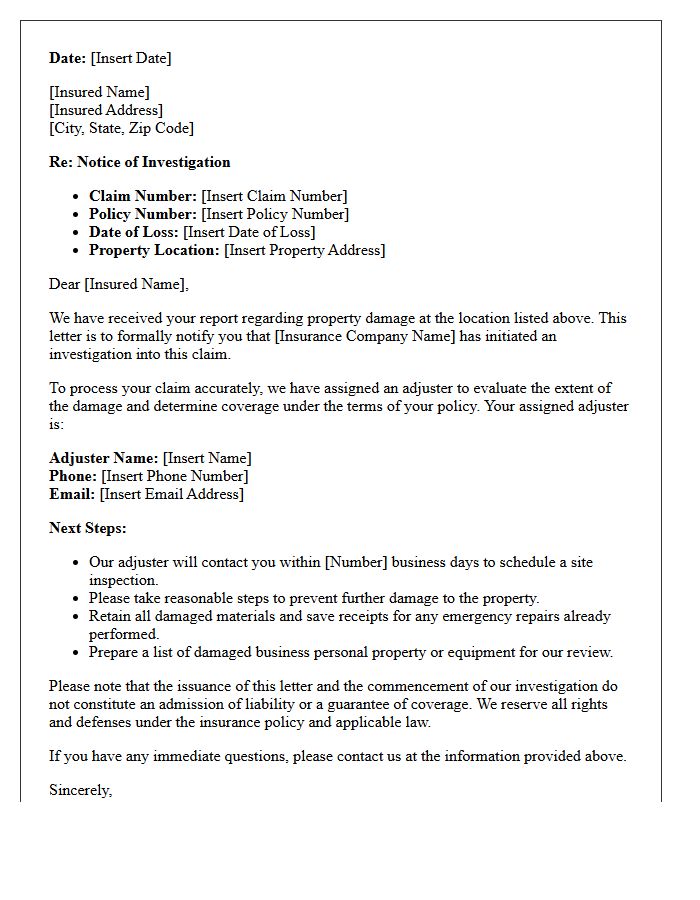 Commercial Property Damage Claim Investigation Initiation Letter