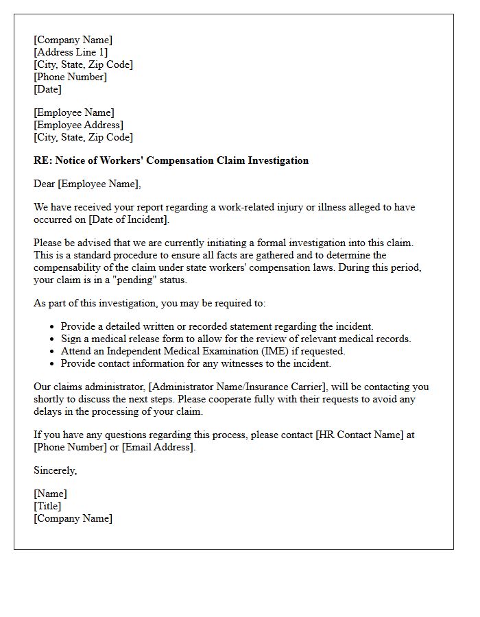 Workers Compensation Claim Investigation Initiation Letter