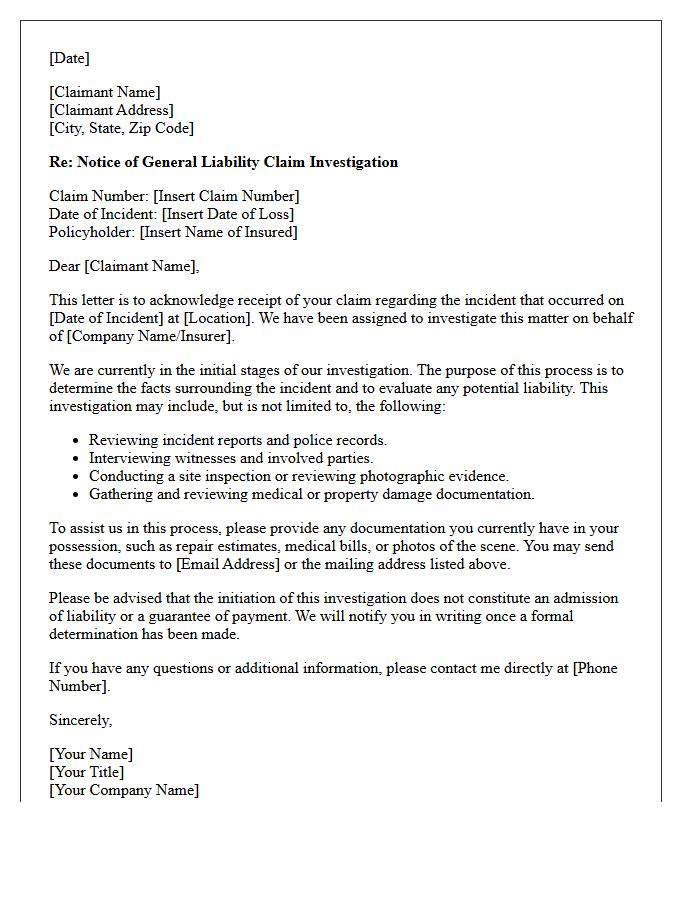 General Liability Claim Investigation Initiation Letter