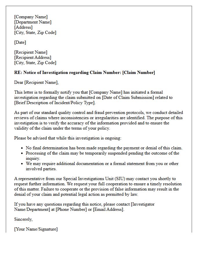 Suspected Fraudulent Claim Investigation Initiation Letter