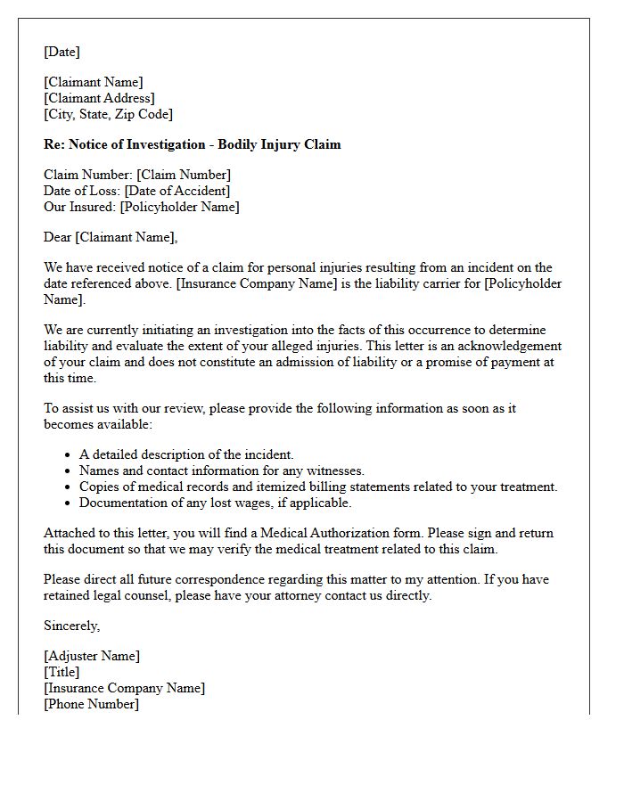 Third Party Bodily Injury Claim Investigation Initiation Letter