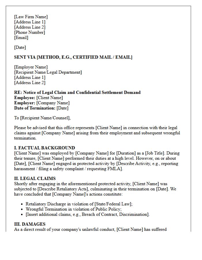 Plaintiff Law Firm Wrongful Termination Retaliation Settlement Demand Letter