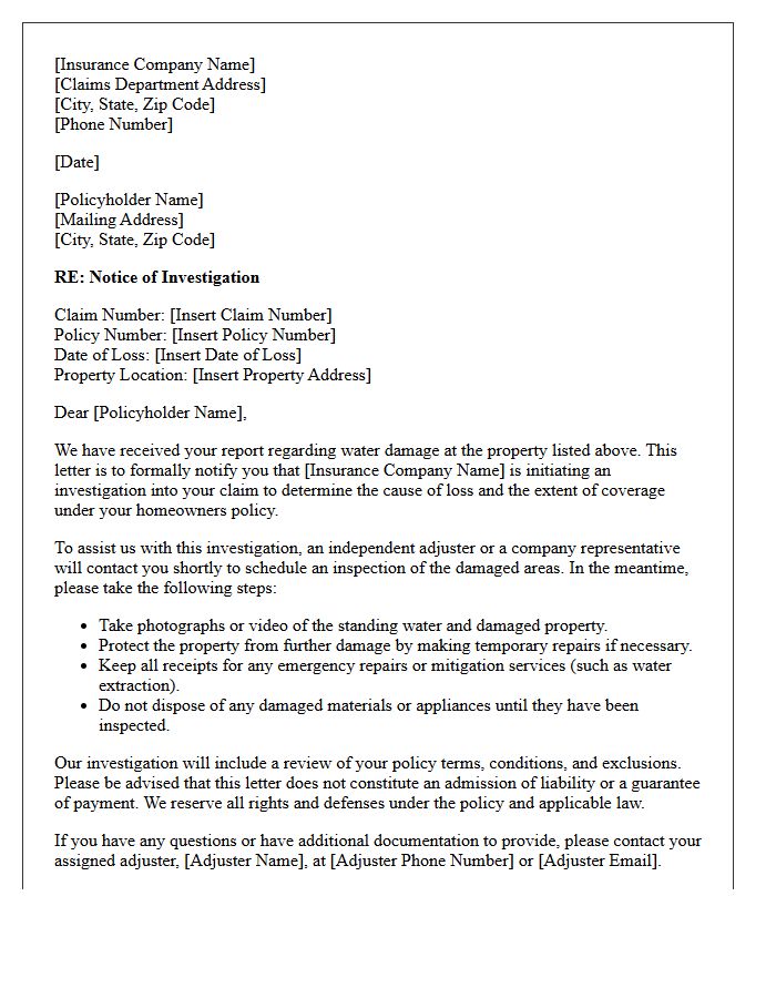 Homeowners Water Damage Claim Investigation Initiation Letter