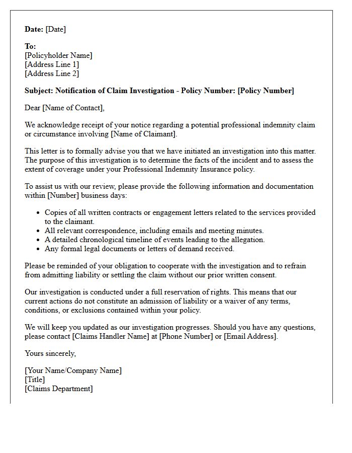 Professional Indemnity Claim Investigation Initiation Letter