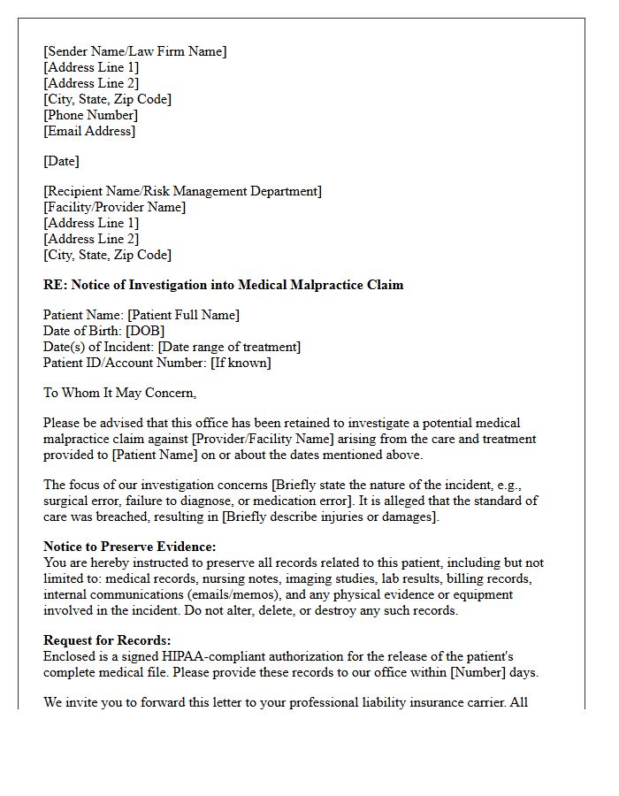 Medical Malpractice Claim Investigation Initiation Letter