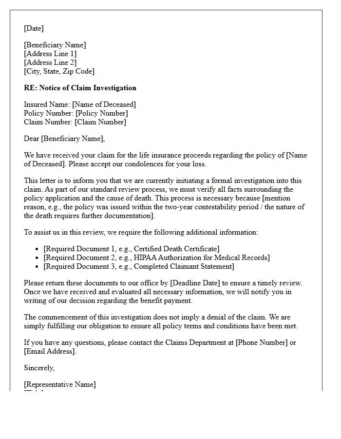 Life Insurance Beneficiary Claim Investigation Initiation Letter