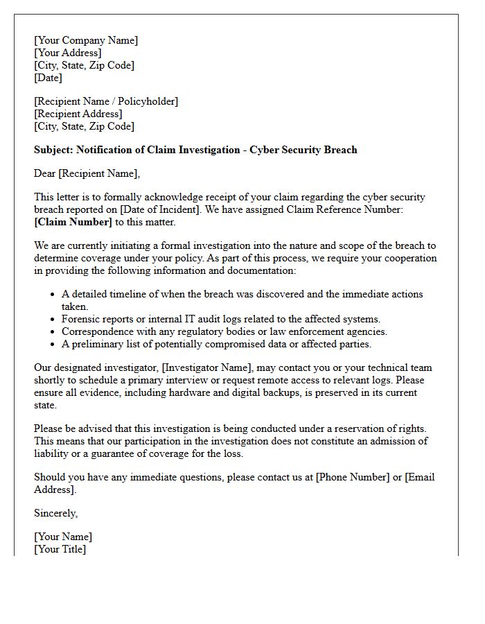 Cyber Security Breach Claim Investigation Initiation Letter