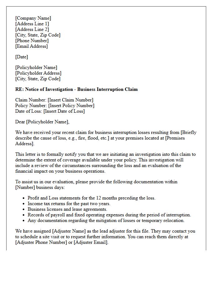 Business Interruption Claim Investigation Initiation Letter