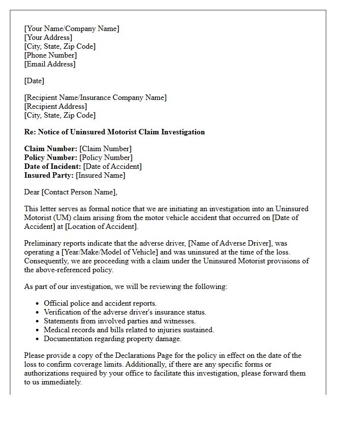 Uninsured Motorist Claim Investigation Initiation Letter