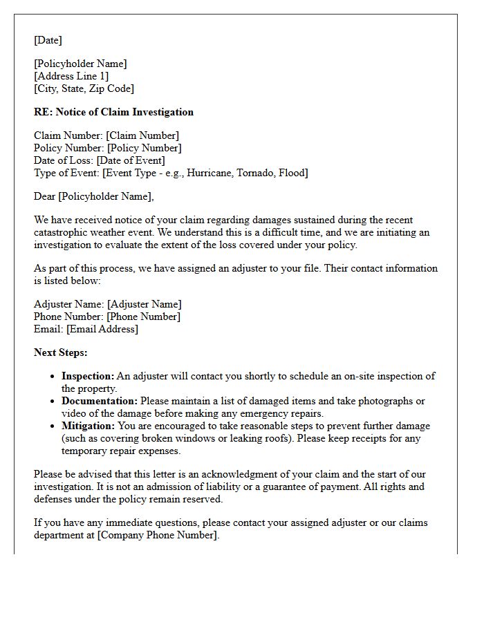 Catastrophic Weather Event Claim Investigation Initiation Letter