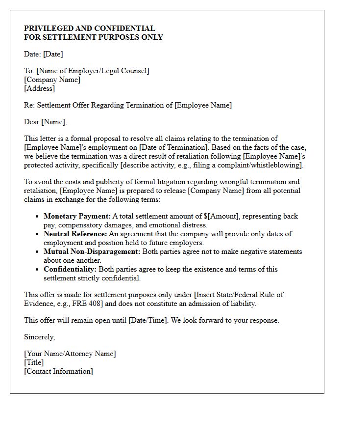 Confidential Wrongful Termination Retaliation Settlement Offer Letter