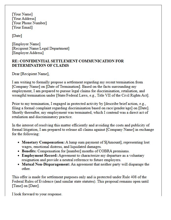 Discrimination Claim Retaliation Wrongful Termination Settlement Offer Letter