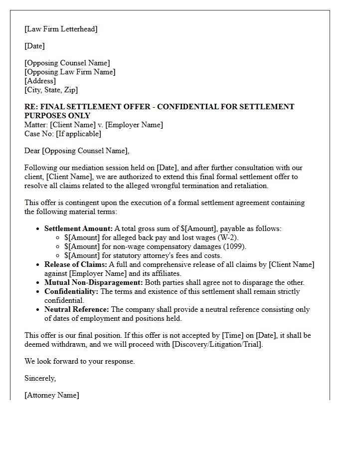 Final Law Firm Mediated Wrongful Termination Retaliation Settlement Offer Letter