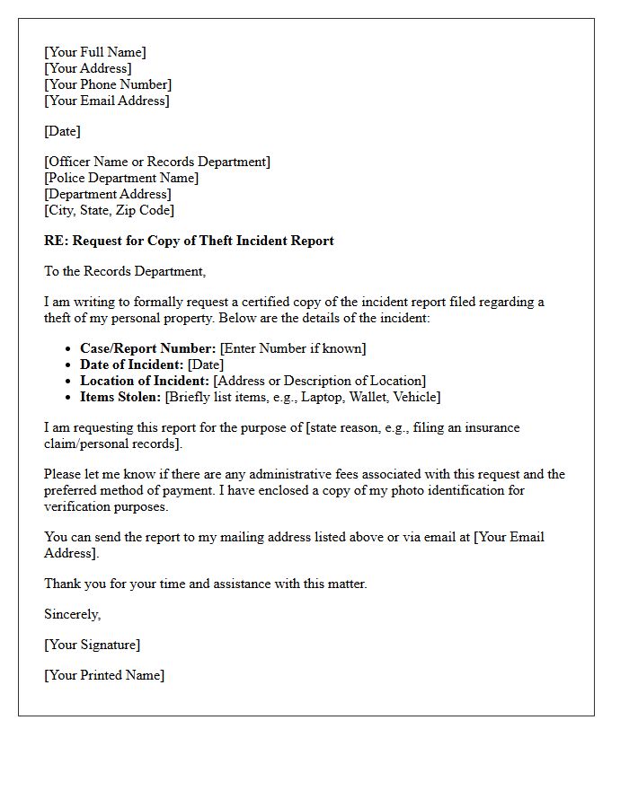 Letter of Request for Property Theft Incident Report