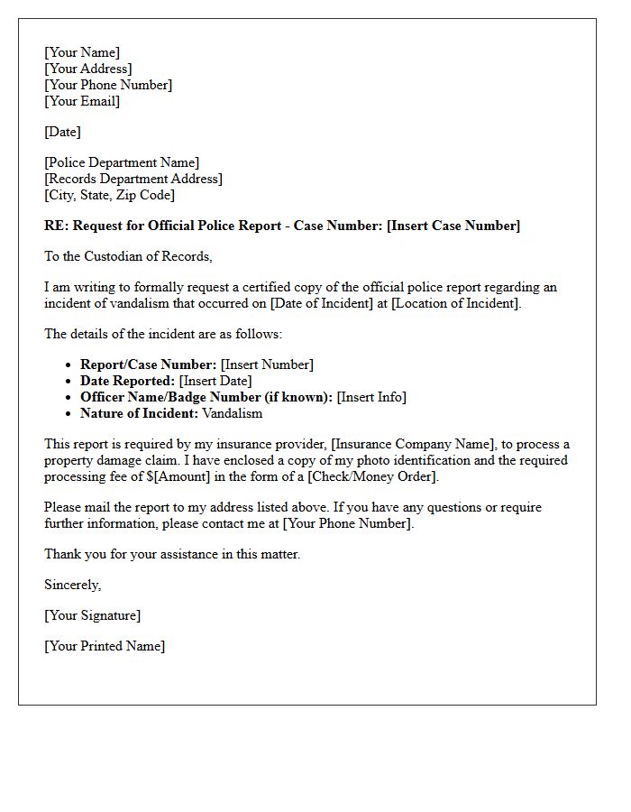 Insurance Claim Letter Requesting Official Vandalism Police Report