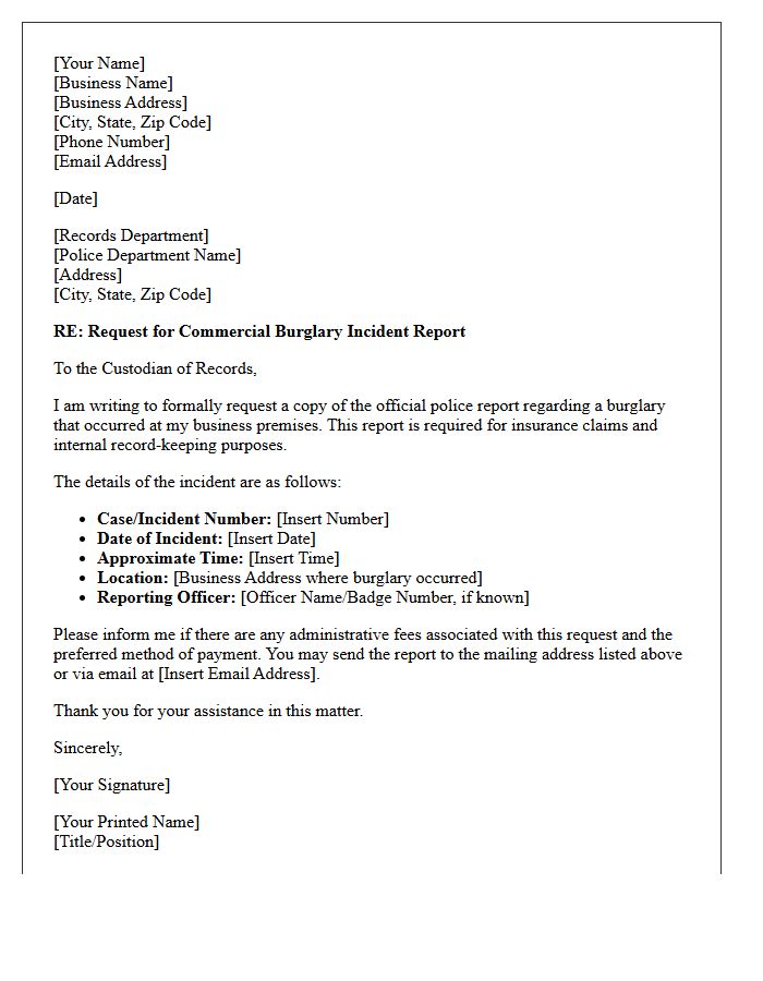 Letter of Request for Commercial Burglary Incident Report