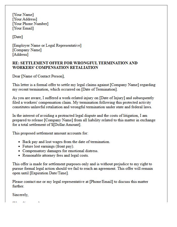 Workers Compensation Retaliation Wrongful Termination Settlement Offer Letter