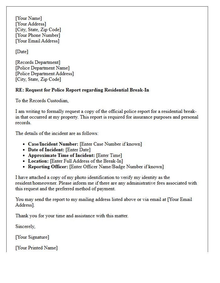 Letter of Request for Residential Break-In Police Report