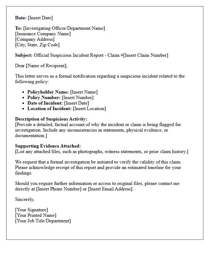 Insurance Investigation Letter for Official Suspicious Incident Report