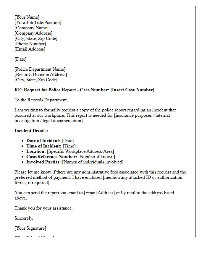 Letter of Request for Workplace Incident Police Report