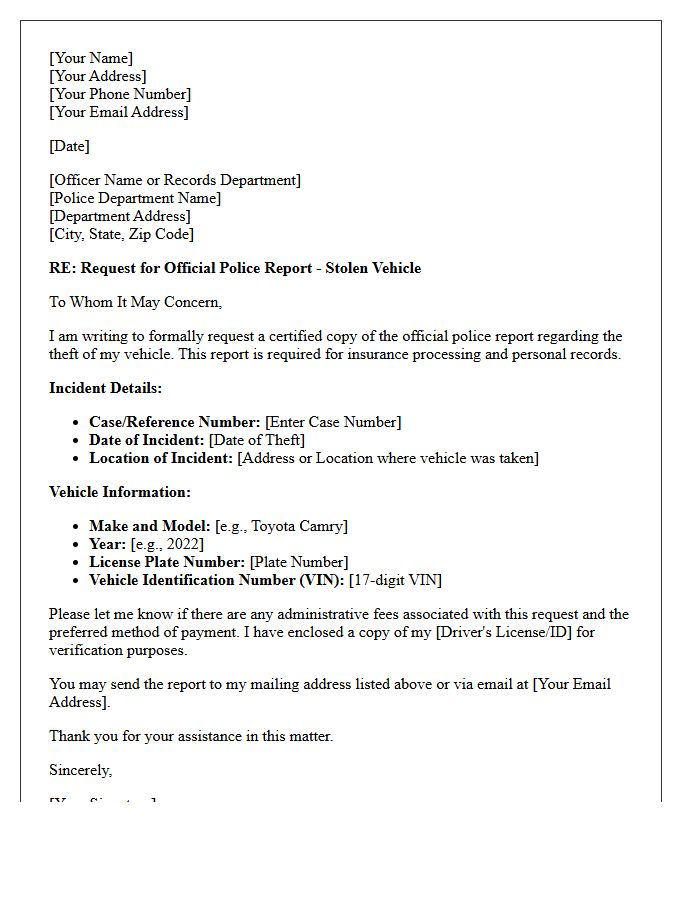 Official Letter Requesting Stolen Vehicle Incident Report