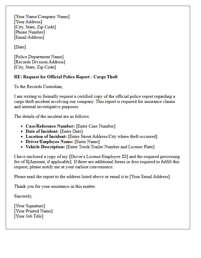 Letter Requesting Official Police Report for Cargo Theft