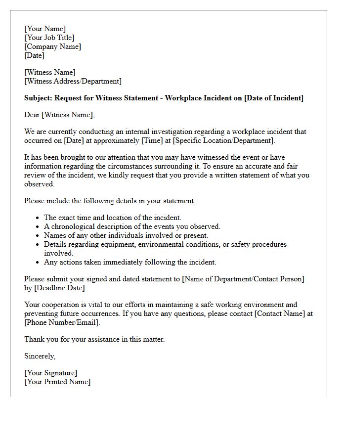 Workplace Injury Third-Party Witness Statement Request Letter