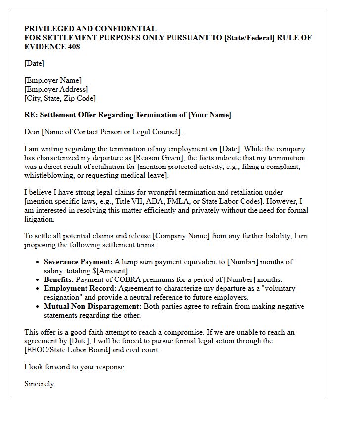 Severance And Wrongful Termination Retaliation Settlement Offer Letter